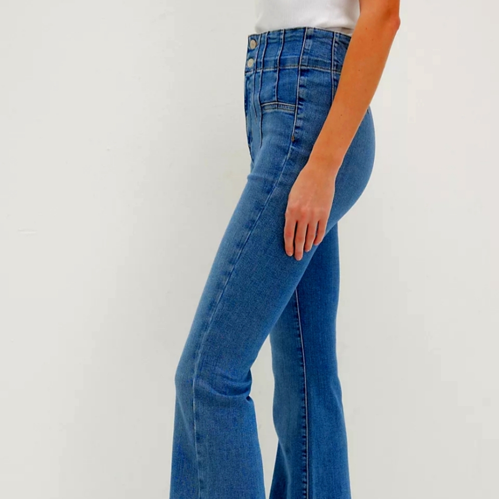 Free People Jayde High Rise Flare Mid Wash Western Boho Artsy Jeans Womens 31